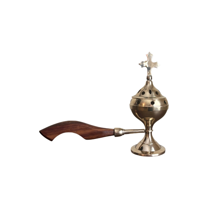 Incense Burner with Wooden Handle, Brass - 8"