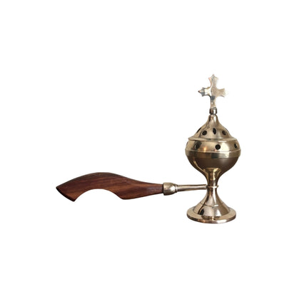 Incense Burner with Wooden Handle, Brass - 8"