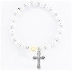 First Communion 6mm White Pearl Stretchy Bead Children Bracelet with Rose and off White Our Father Beads with Cross. 5 1/2"