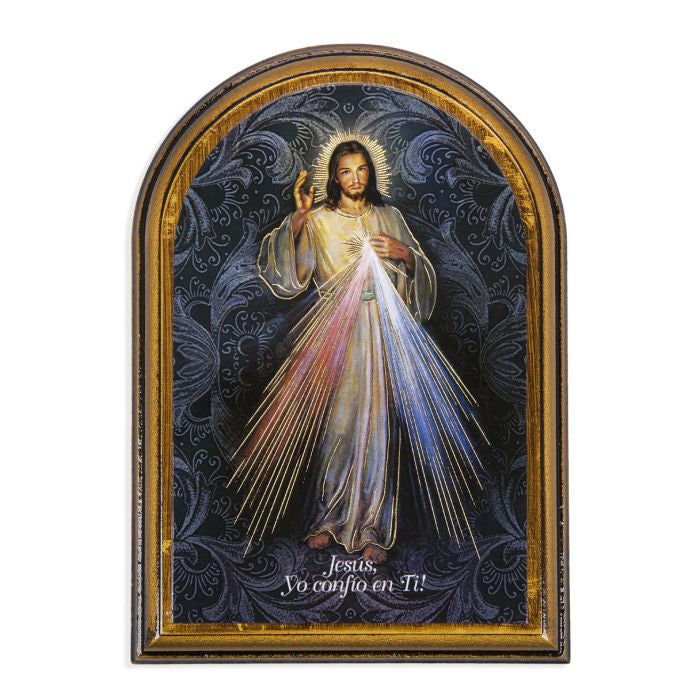 3 3/4" x 5" Divine Mercy Spanish Wood Arched Plaque