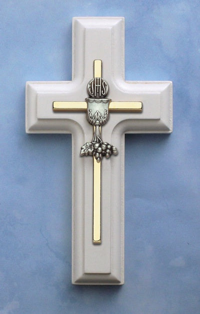 First Communion Cross in white wood with gold inlay and silver chalice medal