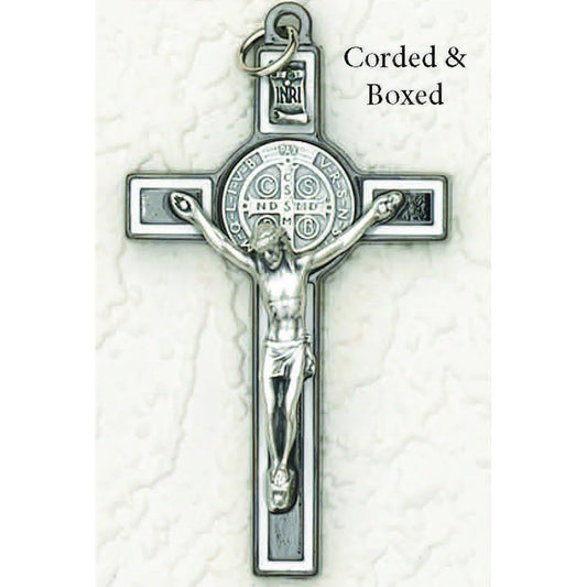 Saint Benedict Black Tone with White Enamel Crucifix - 3" Cross on Cord