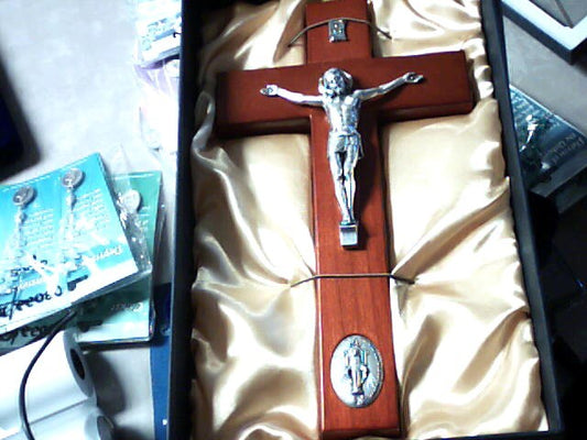 9 inch cherry wood Crucifix with Miraculous Medal emblem at base