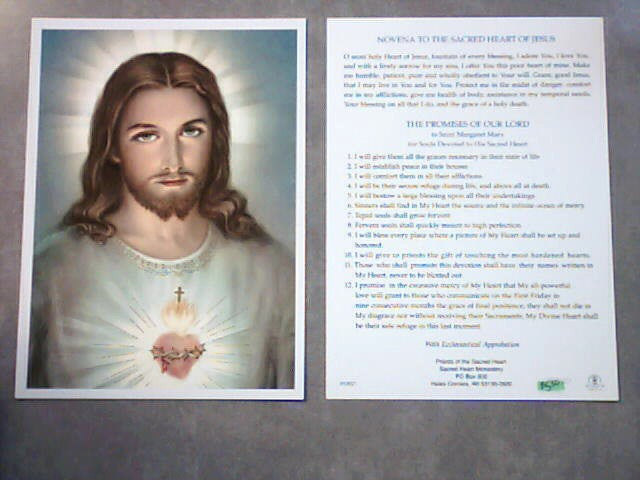 5 x 7 picture and Novena prayer to the Sacred Heart of Jesus