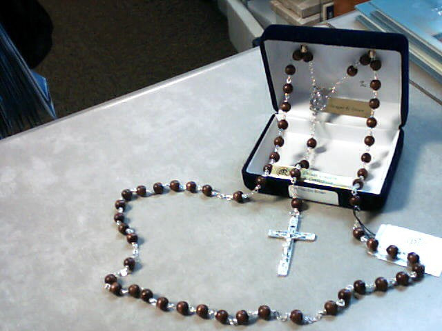 Brown wood rosary with deluxe Crucifix and center