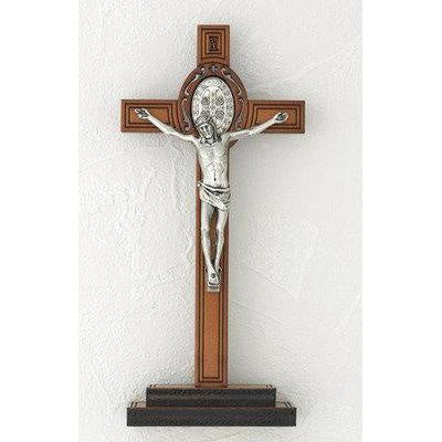 Wooden St. Benedict Crucifix 8” on Base Silver Toned Corpus