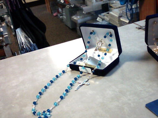 Two tone aqua blue rosary with deluxe crucifix and center