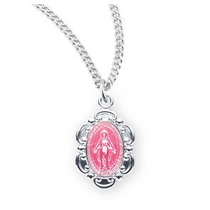 Sterling Silver Pink Enameled Oval Fancy Edge Miraculous Medal