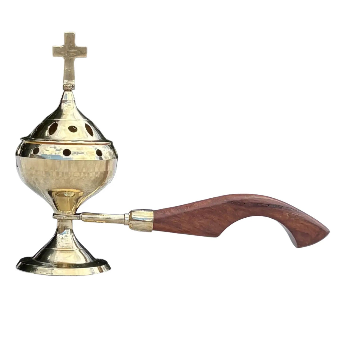Incense Burner with Wooden Handle, Brass - 7"