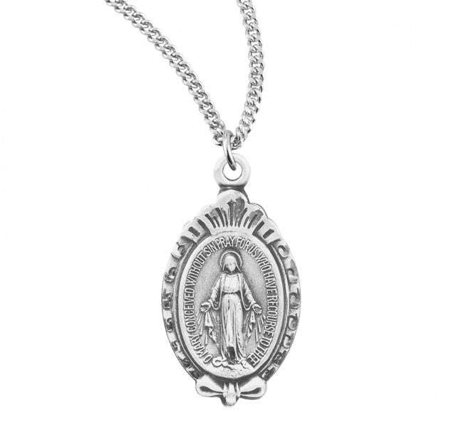 Sterling Silver Miraculous Medal with a Scroll Border - Necklace (S2139)