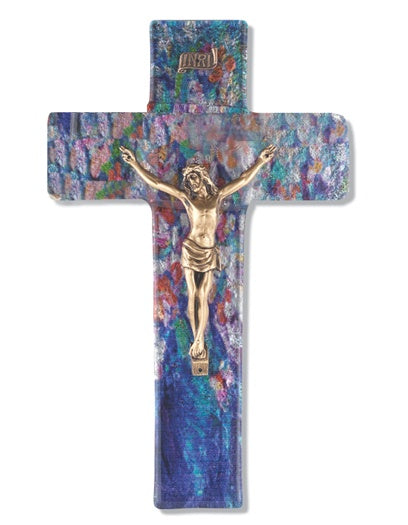 10" Sapphire Blue Multi-Colored Mosaic Pattern Glass Cross with Museum Finish Gold Corpus.