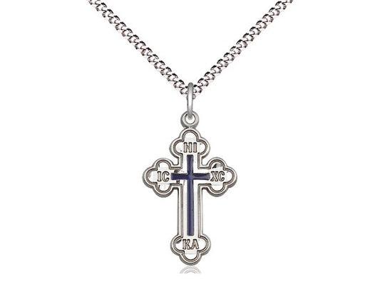 Russian Cross Sterling Silver, Blue Enamel Center - 0272E