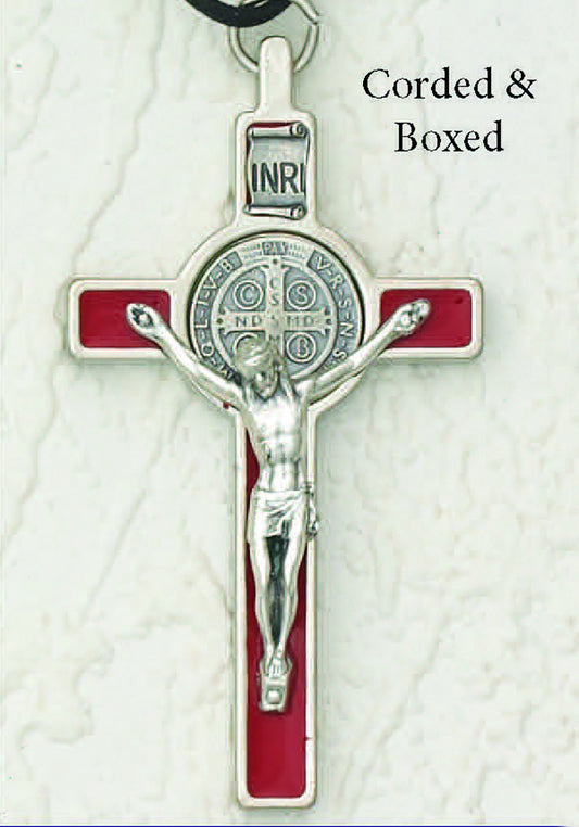 Saint Benedict Red Enamel Crucifix - Silver Tone Medal