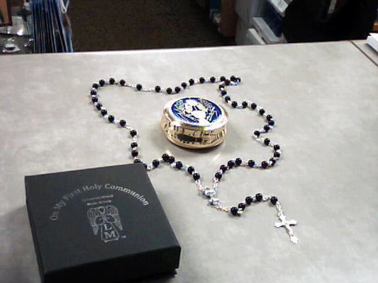 First Holy Communion Enamel Rosary Box with Rosary in black