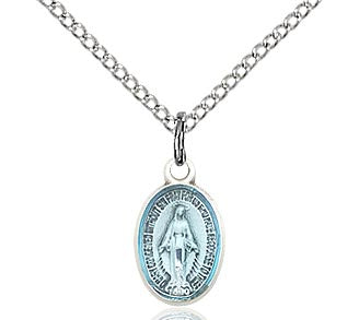 Miraculous Medal in sterling silver with clear blue coating