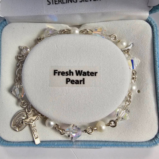 6mm Freshwater Pearl & Finest Crystal All Sterling Silver Rosary Bracelet