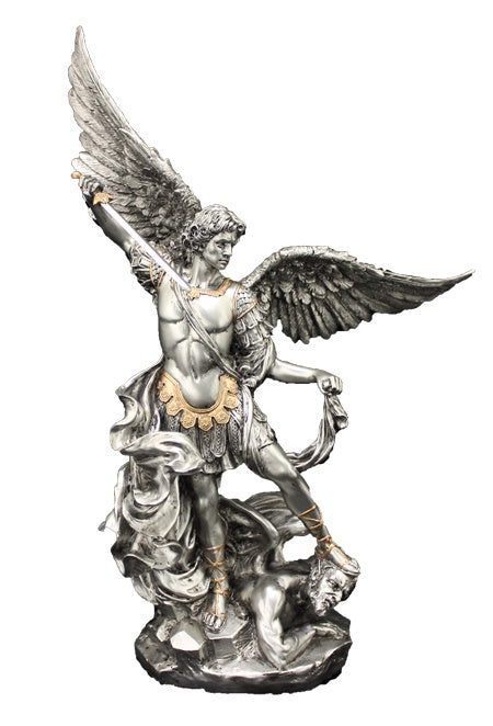 St. Michael, pewter style finish, golden highlights, 10inches