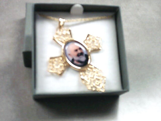 Padre Pio Photo Cross Necklace in gold color