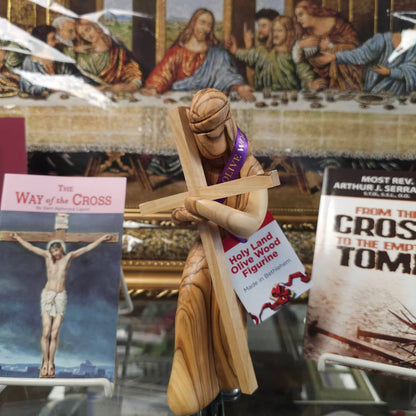 Jesus Statue Holding Cross - Made of Olive Wood in The Holy Land - 8.5"
