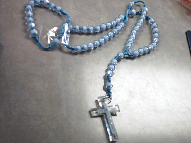 Rosary corded with blue plastic beads