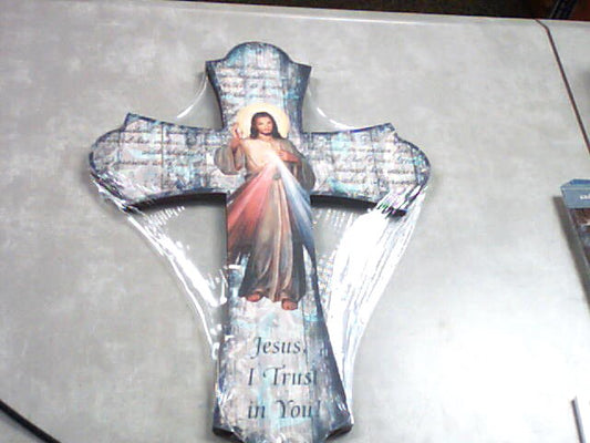 12 inch Divine Mercy wood cross " Jesus, I trust in You " inscribed at bottom of cross