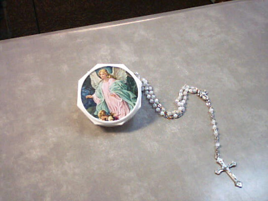 Guardian Angel rosary case with white rosary