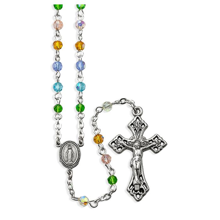 Multicolor Aurora Borealis Crystal Bead Rosary, Boxed