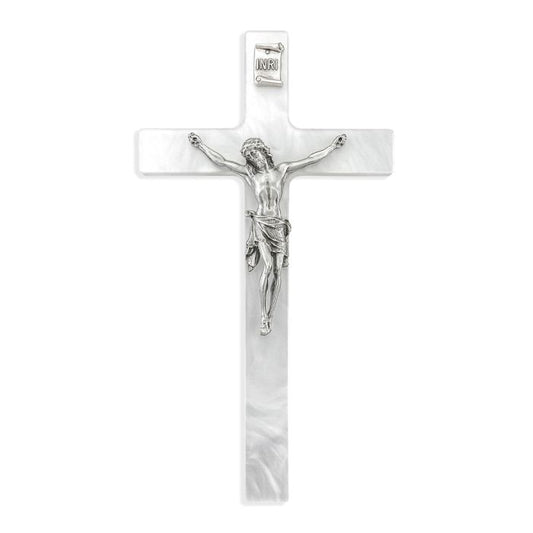 7" Pearlized White Cross with Genuine Fine Pewter Corpus