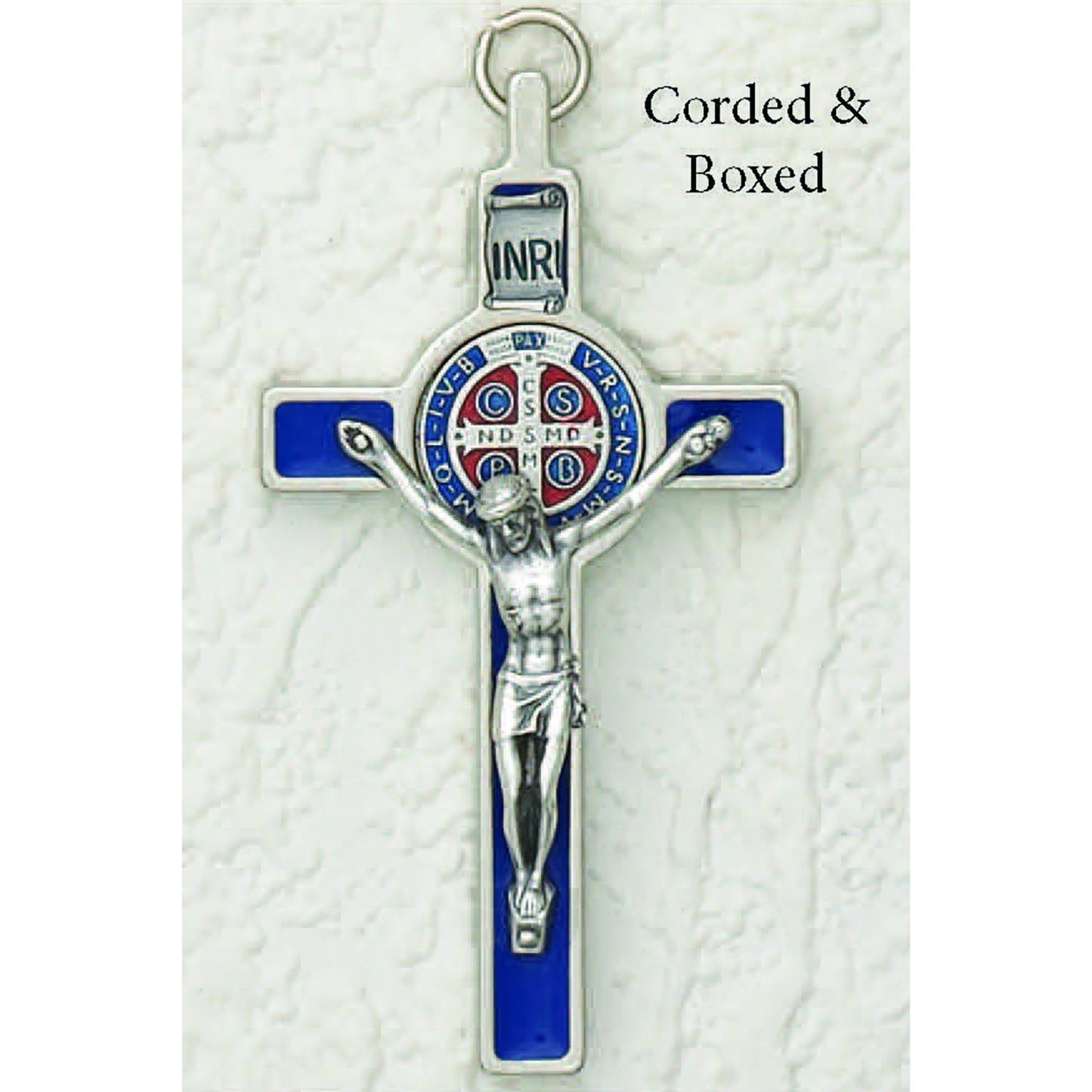 Saint Benedict Blue Enamel Crucifix - Enameled Medal Necklace