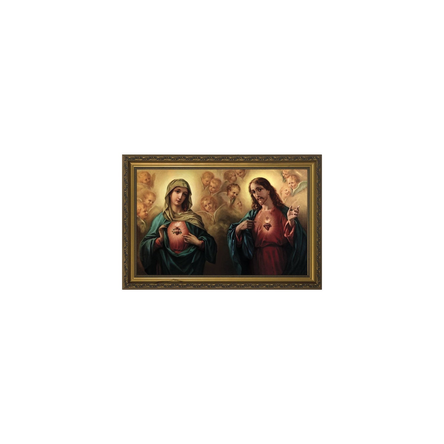 Sacred and Immaculate Hearts Surrounded by Angels w/ Gold Frame