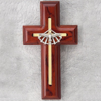 Confirmation Cross - 5 inch Rosewood cross with gold inlay and  Silver image of Holy Spirit