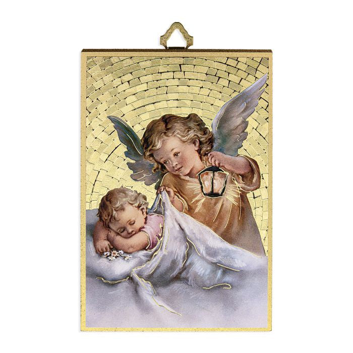 Guardian Angel Protecting Child Gold Foil Mosaic Plaque