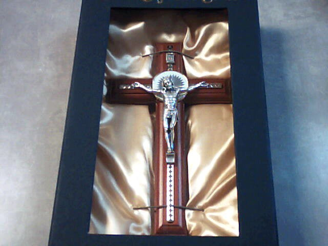 7 inch Brown Wood crucifix with gold inlay