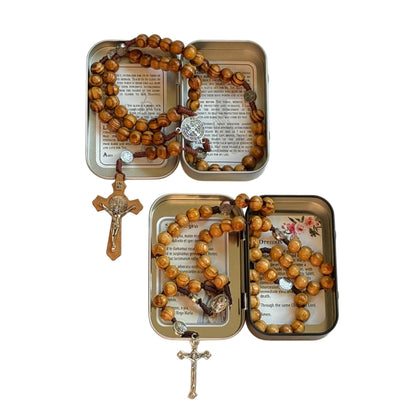 Wood Bead Rosary with Tin Prayer Case