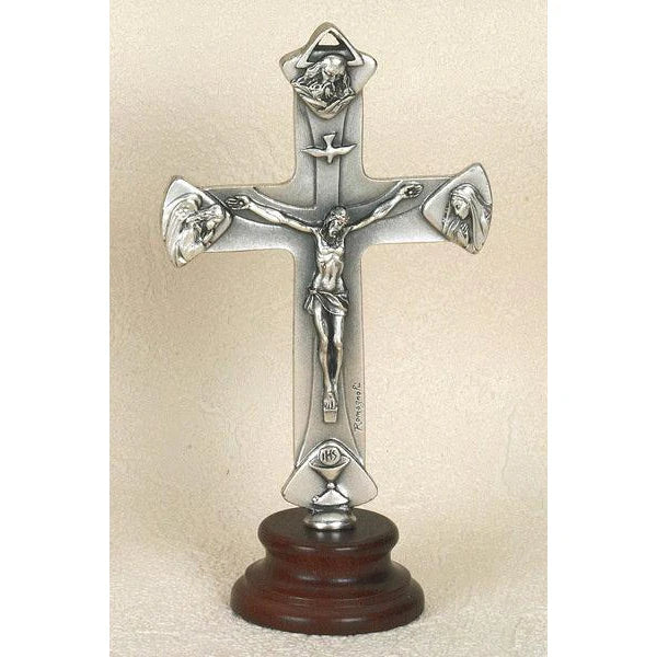 Trinity Standing Crucifix - Silver Tone, On Wooden Base