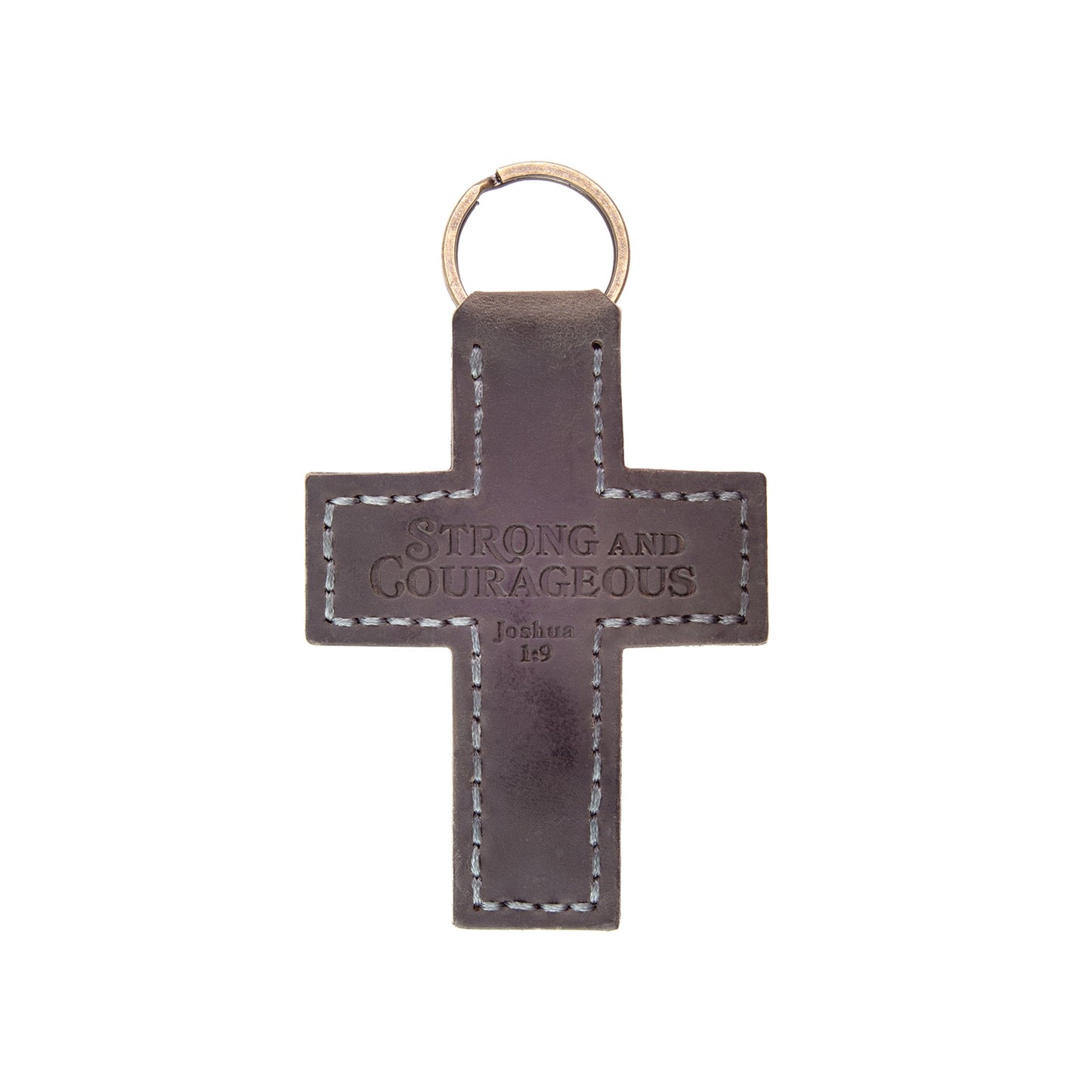 Strong and Courageous Leather Cross Keychain - Joshua 1:9