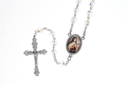 Saint Therese Glass Bead Rosary with Prayer Card