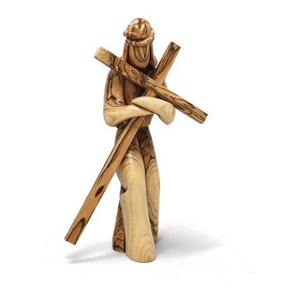 Jesus Statue Holding Cross - Made of Olive Wood in The Holy Land - 8.5"