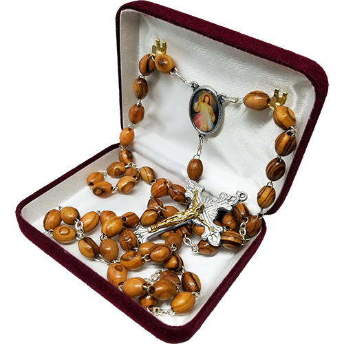 Olive Wood Rosary With Divine Mercy Medal - Holy Land