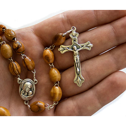 Olive Wood Bead Rosary with Madonna and Child Center Medal and Jerusalem Soil