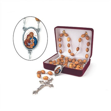 Olive Wood Rosary With Holy Family Center, Includes Earth From Holy Land