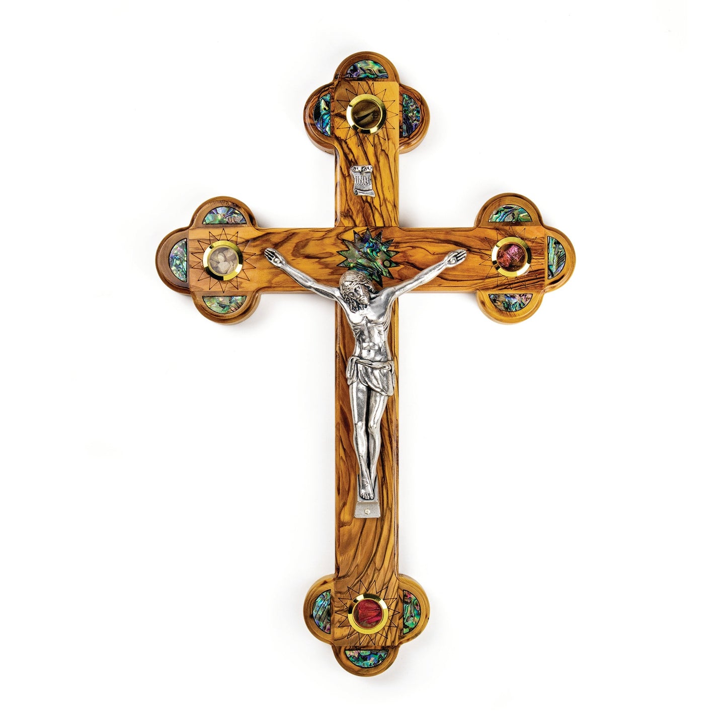 Olive Wood & Mother Of Pearl Crucifix Wall Cross With Holy Land Elements - 15"