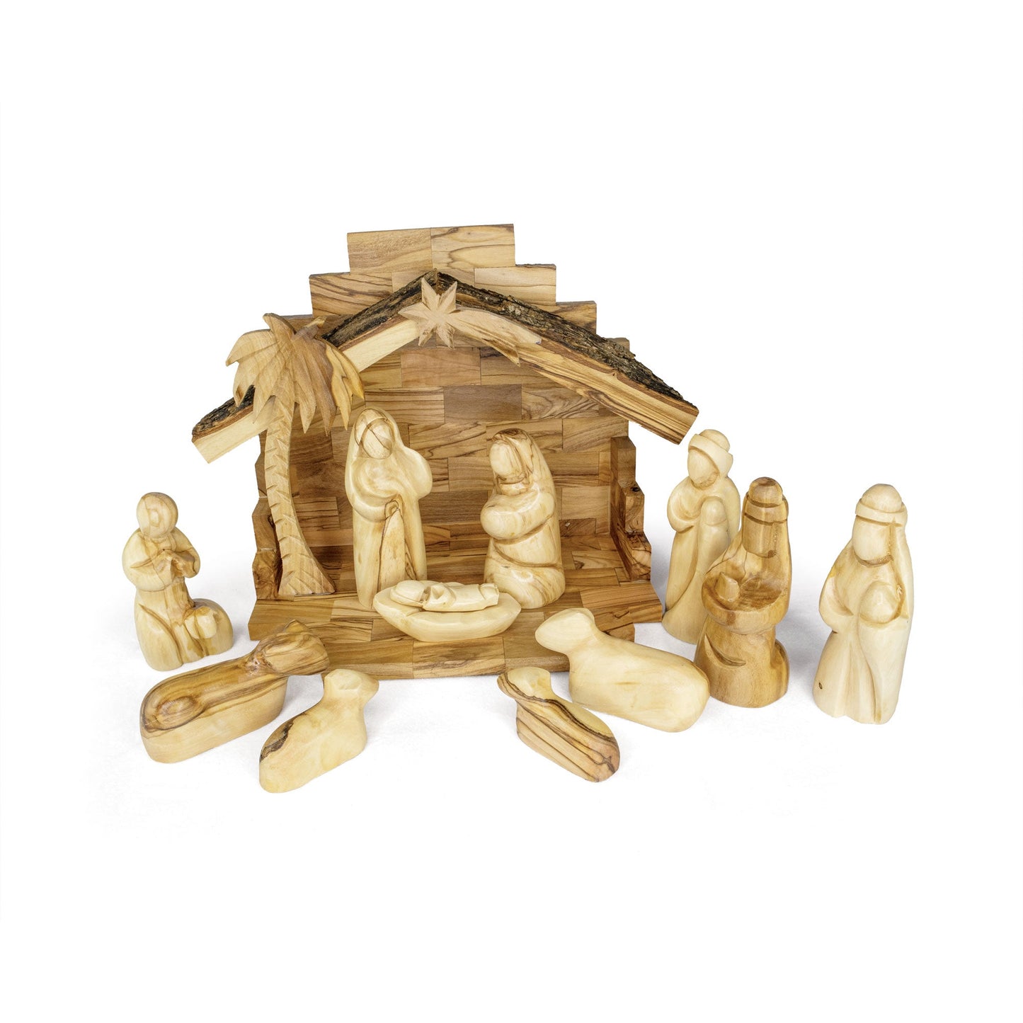 Holy Land Olive Wood Nativity with Small Bark Roof - 7" H