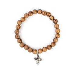 Holy Land Olive Wood Bracelet with Silver Tone Cross Medal