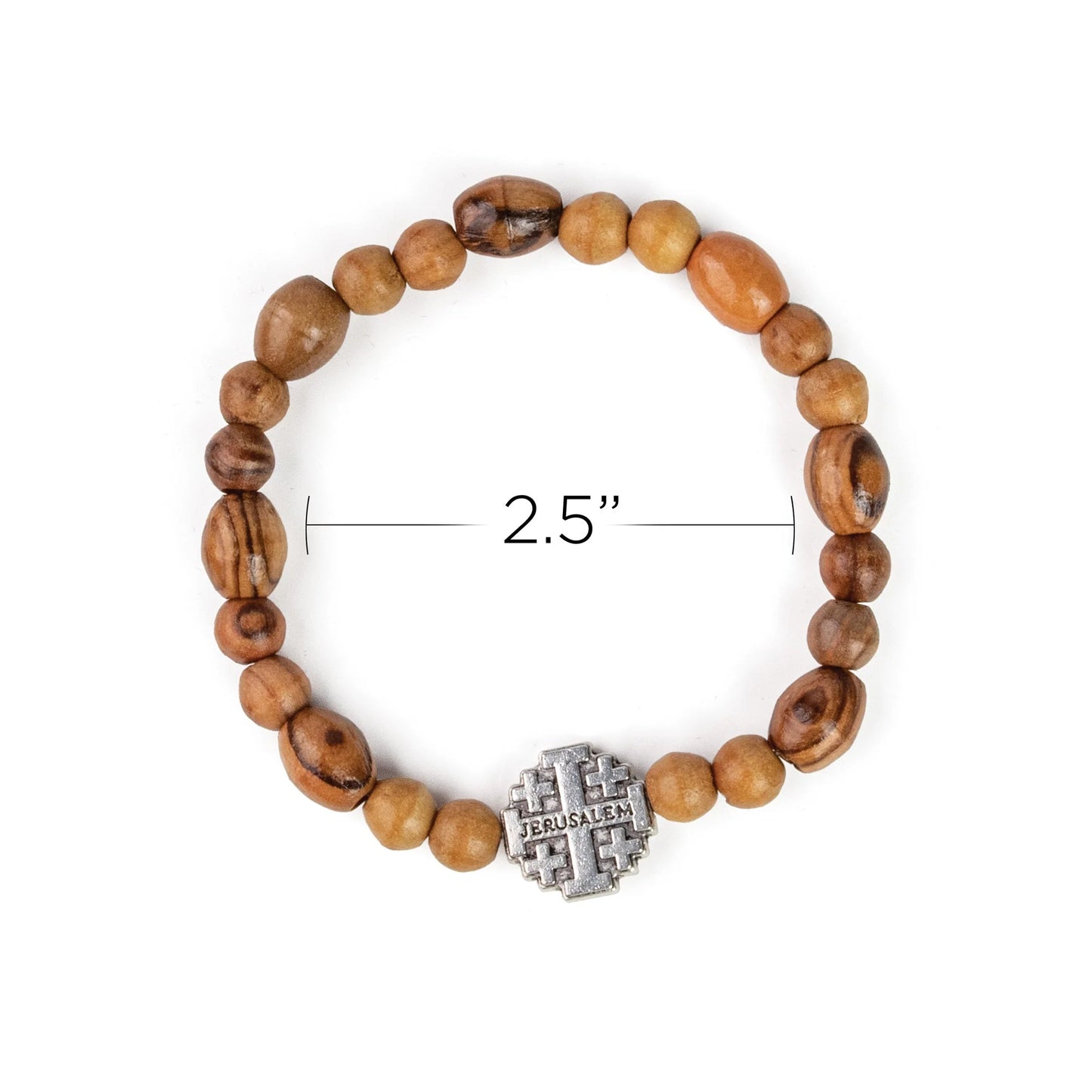 Olive Wood Bead Bracelet with Inline Jerusalem Cross - Stretch Bracelet