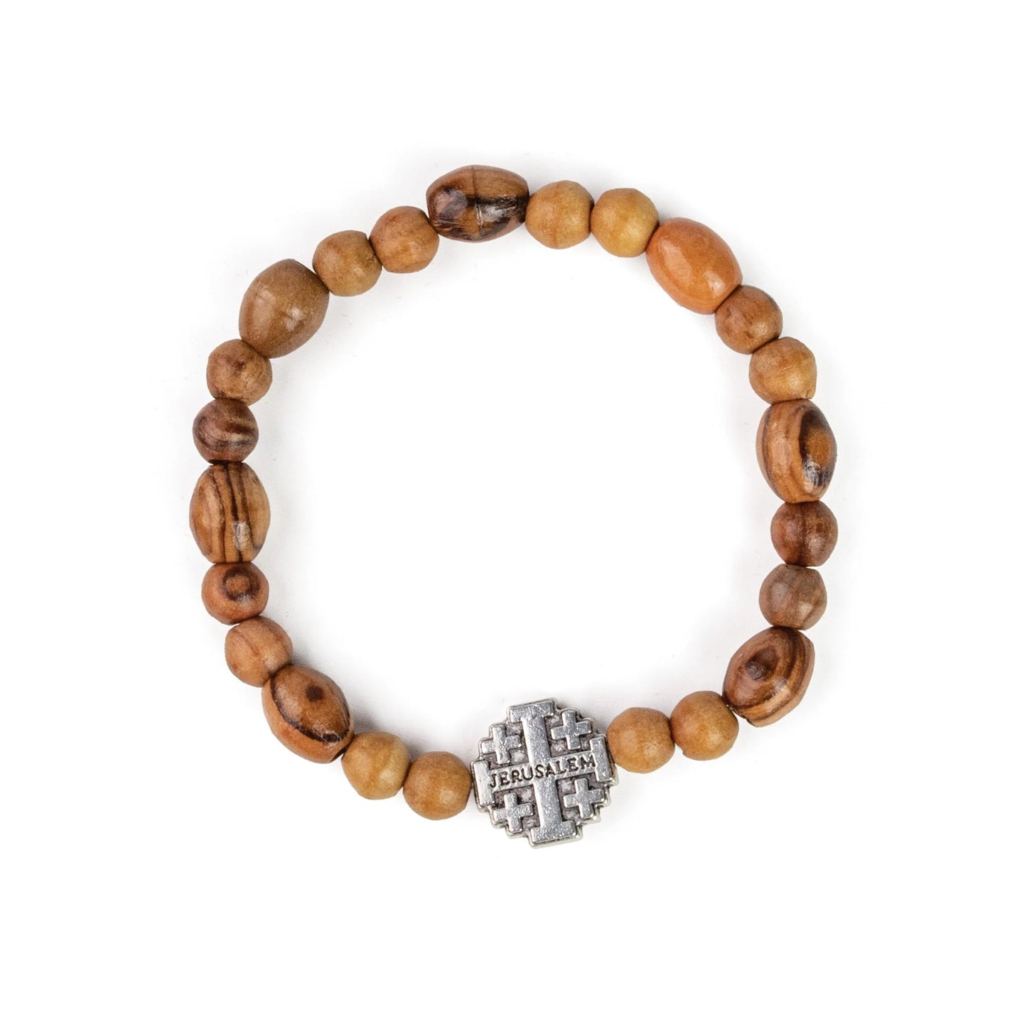 Olive Wood Bead Bracelet with Inline Jerusalem Cross - Stretch Bracelet