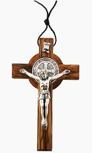 St. Benedict 3" Olive Wood Crucifix Necklace - Made in The Holy Land