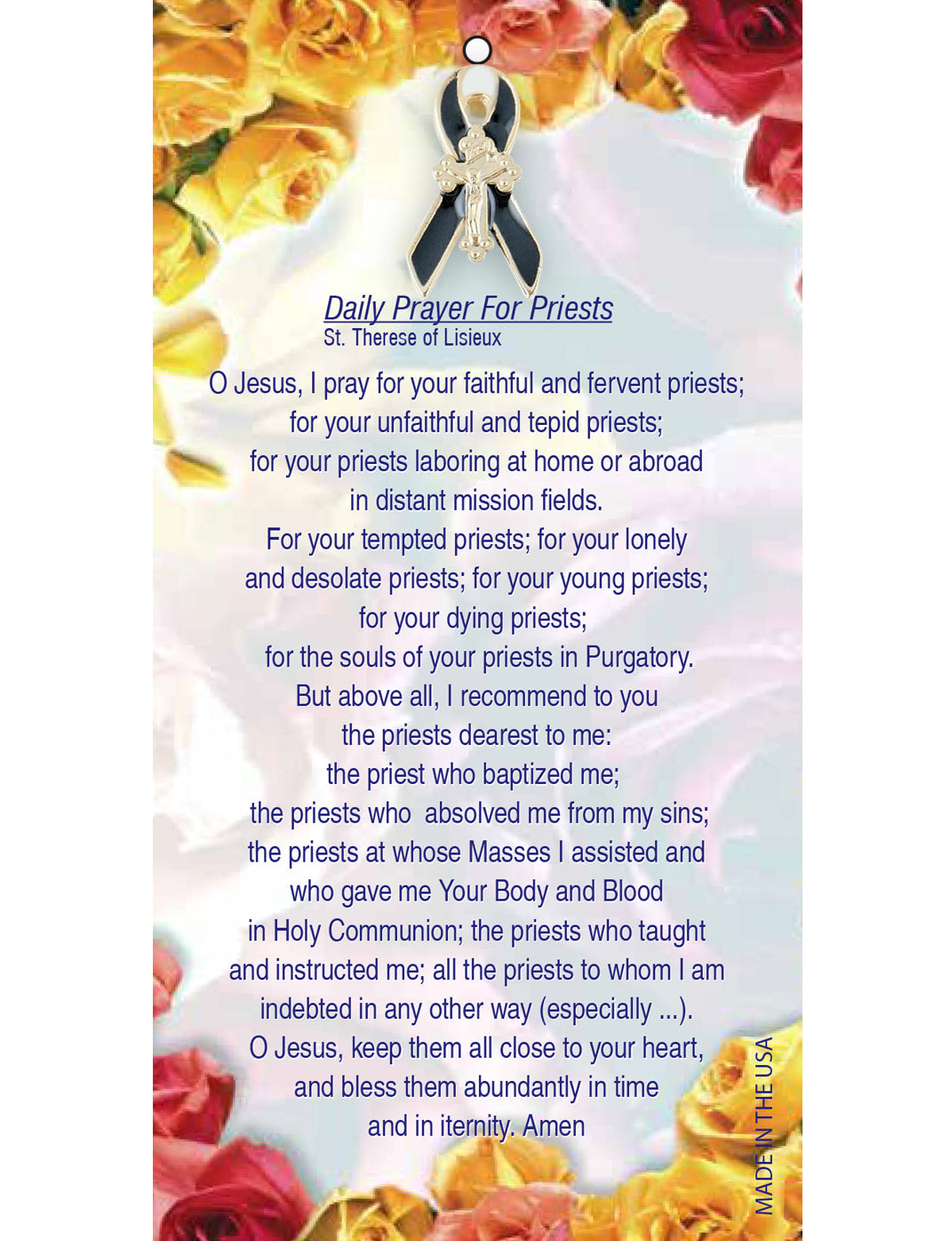 Prayer for Priests Ribbon with Crucifix Lapel Pin on Prayer Card