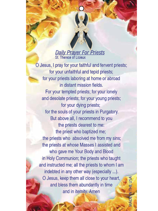 Prayer for Priests Ribbon with Crucifix Lapel Pin on Prayer Card