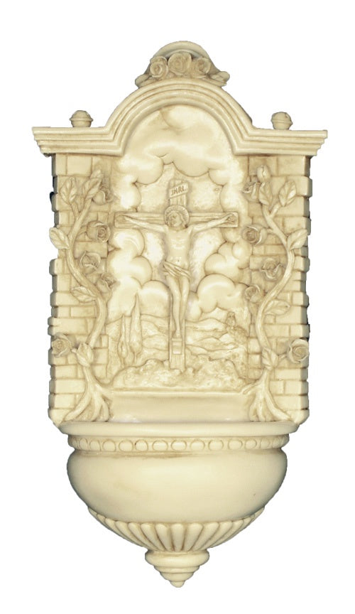 Crucifixion Font, Antiqued Alabaster - 9.5" H Holy Water Font